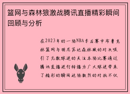 篮网与森林狼激战腾讯直播精彩瞬间回顾与分析